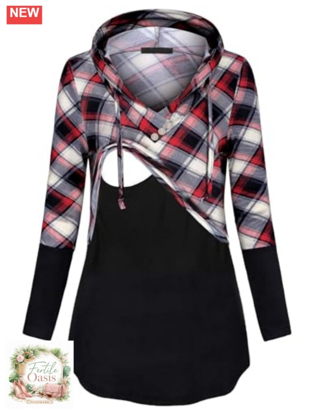Long Sleeve Plaid Nursing Pullover Hoodie Sweatshirt with Double Layers